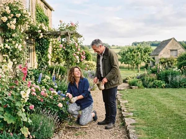 A couple in a cottage garden, one crouching by a rose bush and one standing talking