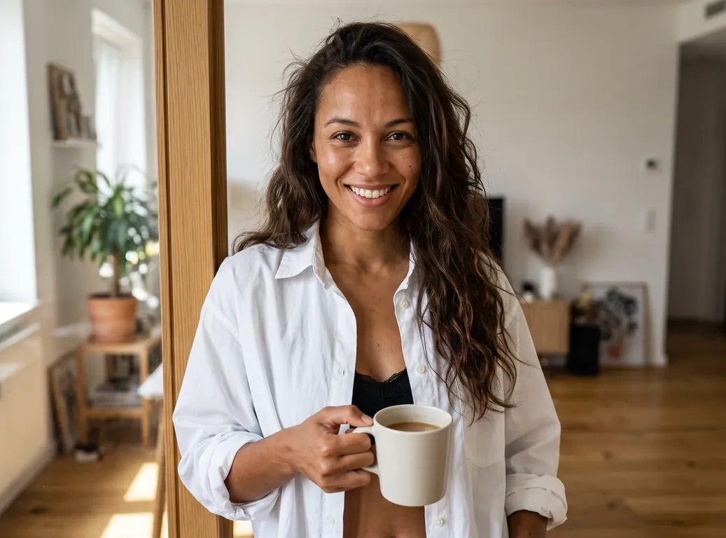 A woman with long dark wavy hair in an oversized white shirt leans in a sunny doorway with a coffee mug and gives the camera a relaxed, teasing smile (AI-generated image)