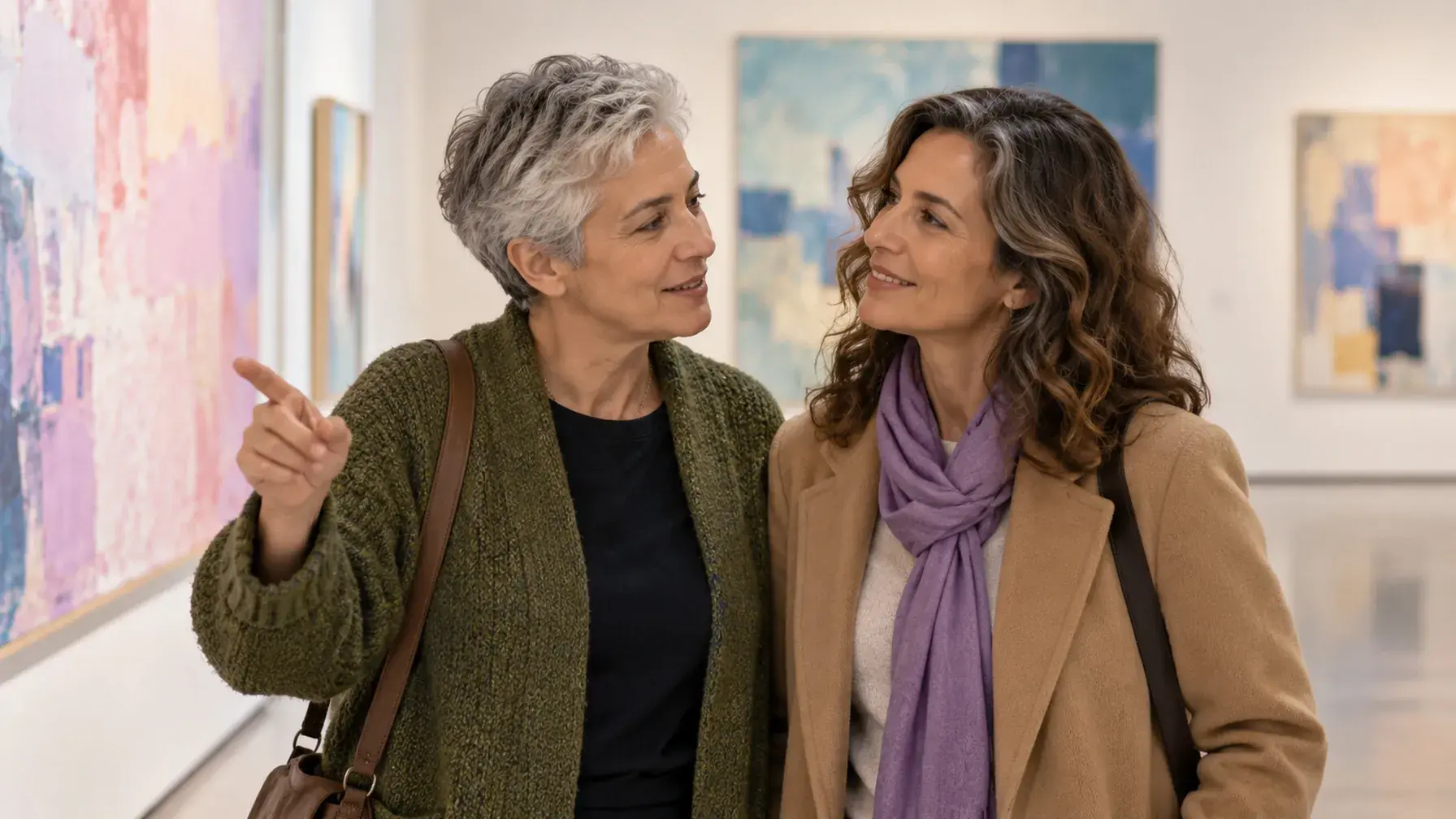Dos personas adultas comentan con una sonrisa una exposición de cuadros abstractos en un museo luminoso