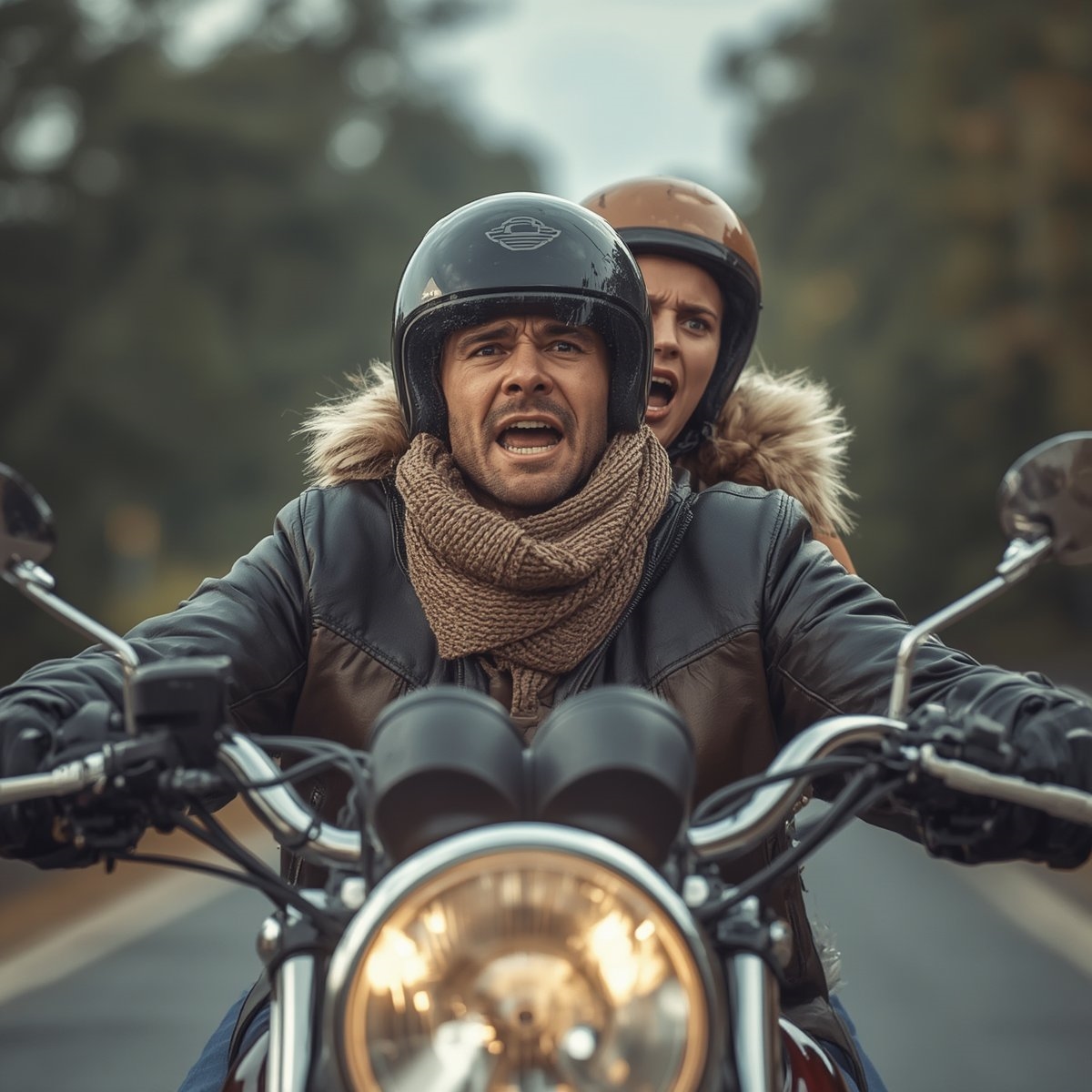 A man and woman standing close together by their motorcycles, laughing mid-conversation on a roadside