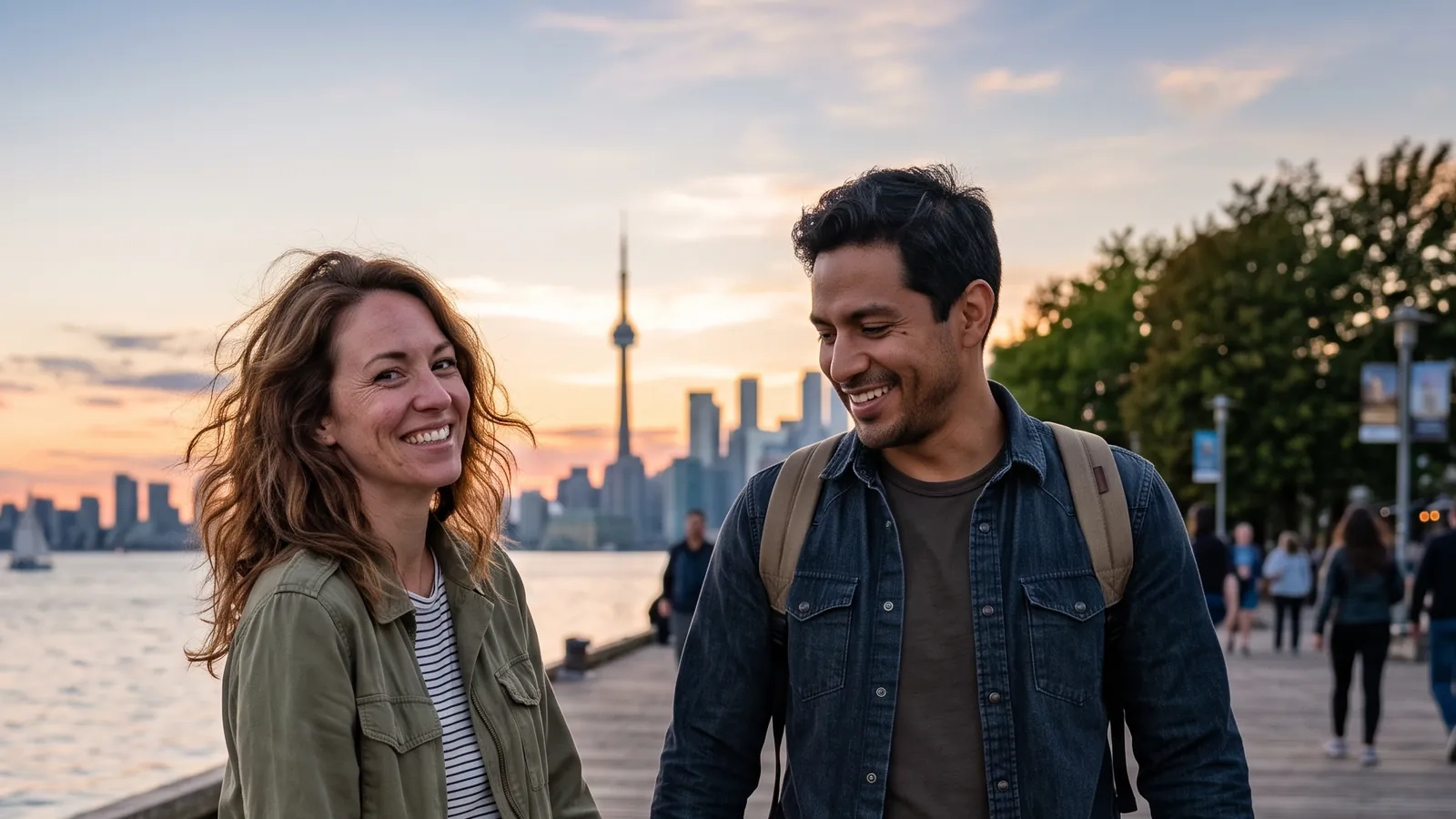A smiling couple strolling on the Harbourfront boardwalk in Toronto at sunset, the CN Tower behind (AI-generated image)