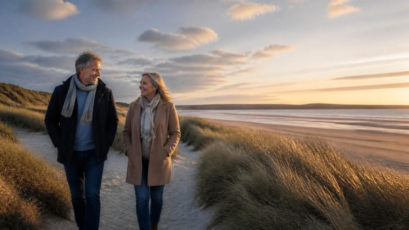 A man and woman walking and talking along a sandy path through the dunes at sunset