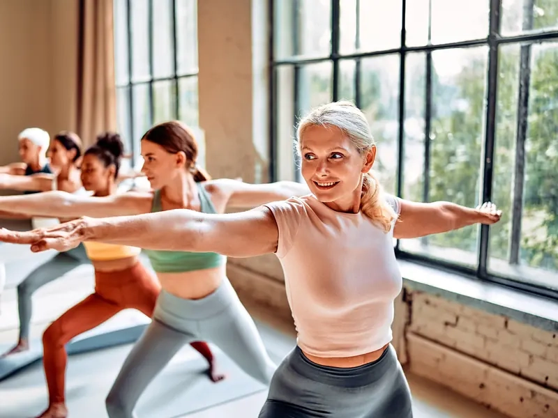 A smiling woman leading a row of women holding warrior pose in a bright yoga studio