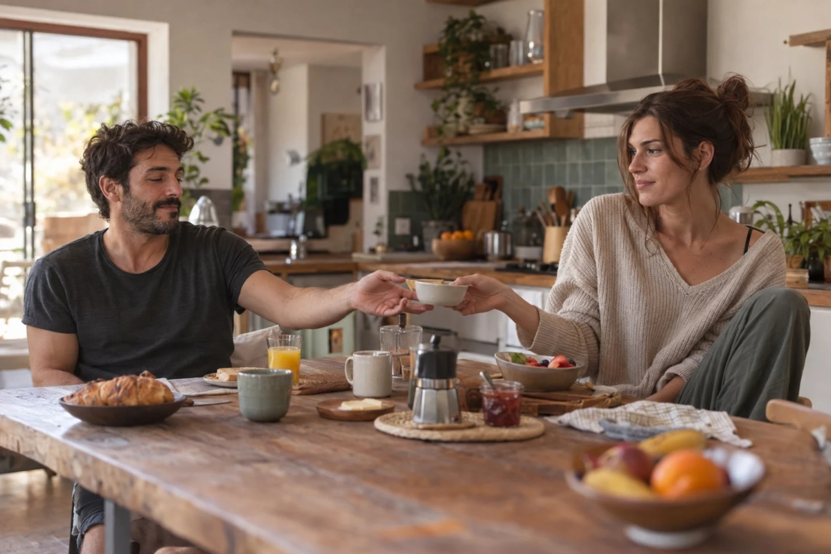 Pareja desayunando en casa un sábado por la mañana con complicidad de costumbre