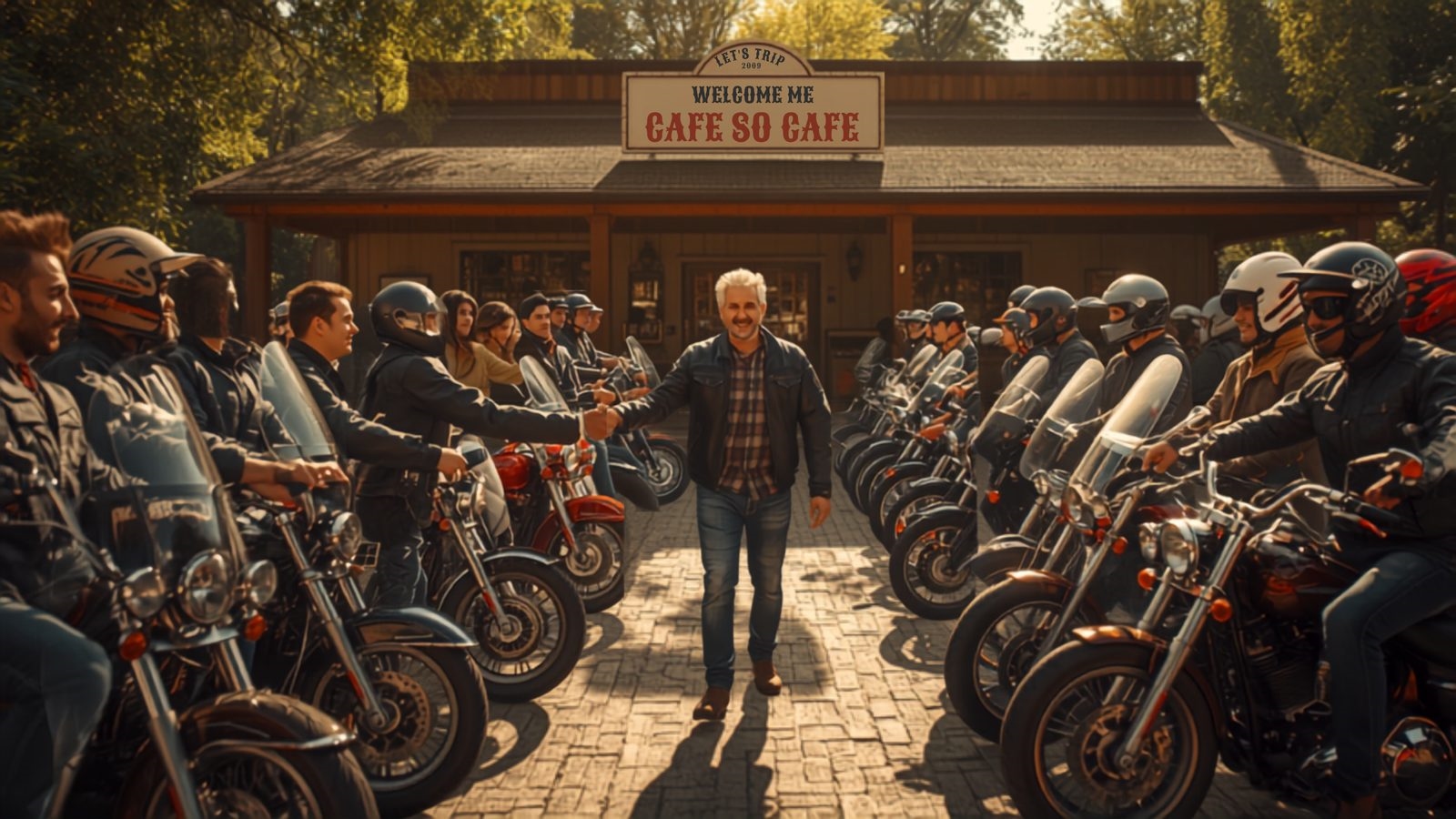 A rider confidently introducing themselves to a group at a motorcycle meetup, helmets in hand