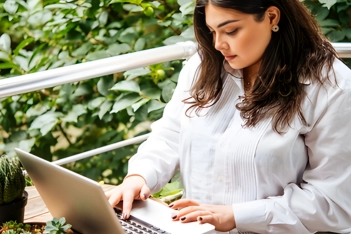 A woman with long dark hair typing on a laptop at a table among plants