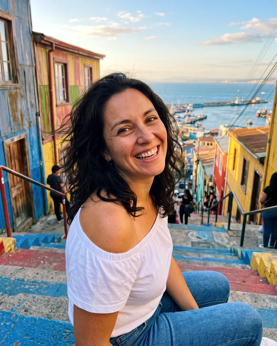 Una mujer de pelo negro rizado con blusa blanca se ríe sentada en una escalera de colores del Cerro Alegre de Valparaíso, con la bahía detrás (imagen generada por IA)