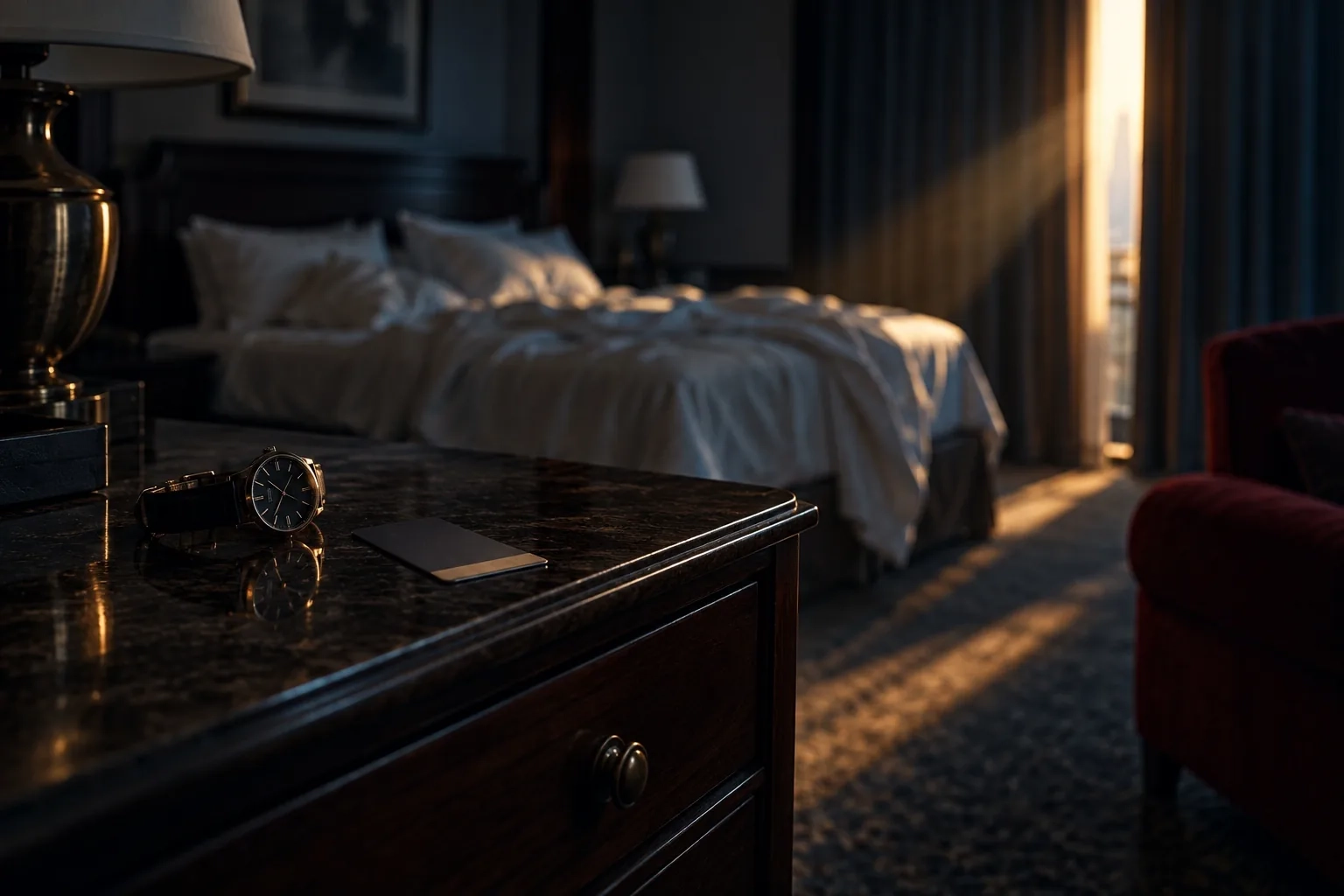 Habitación de hotel vacía al amanecer, con una tarjeta llave y un reloj sobre la cómoda y una franja de luz entre las cortinas