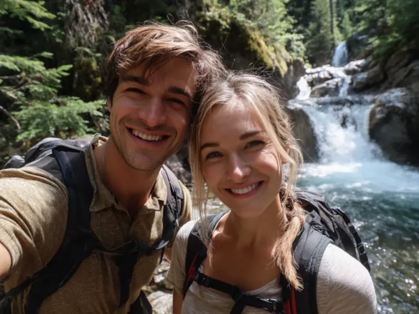 A smiling couple with backpacks taking a selfie beside a forest waterfall