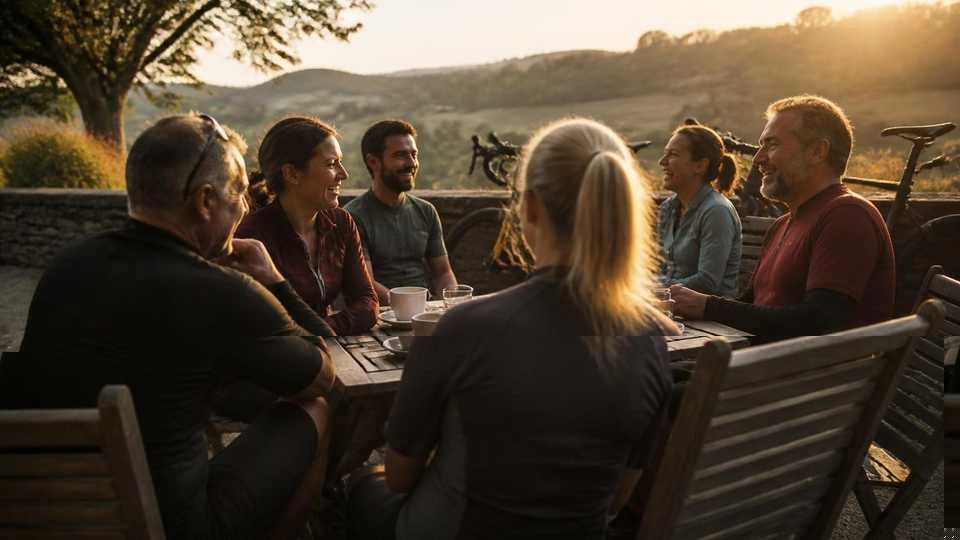 Cyclists chatting and riding together, representing the CyclingSingles.co community