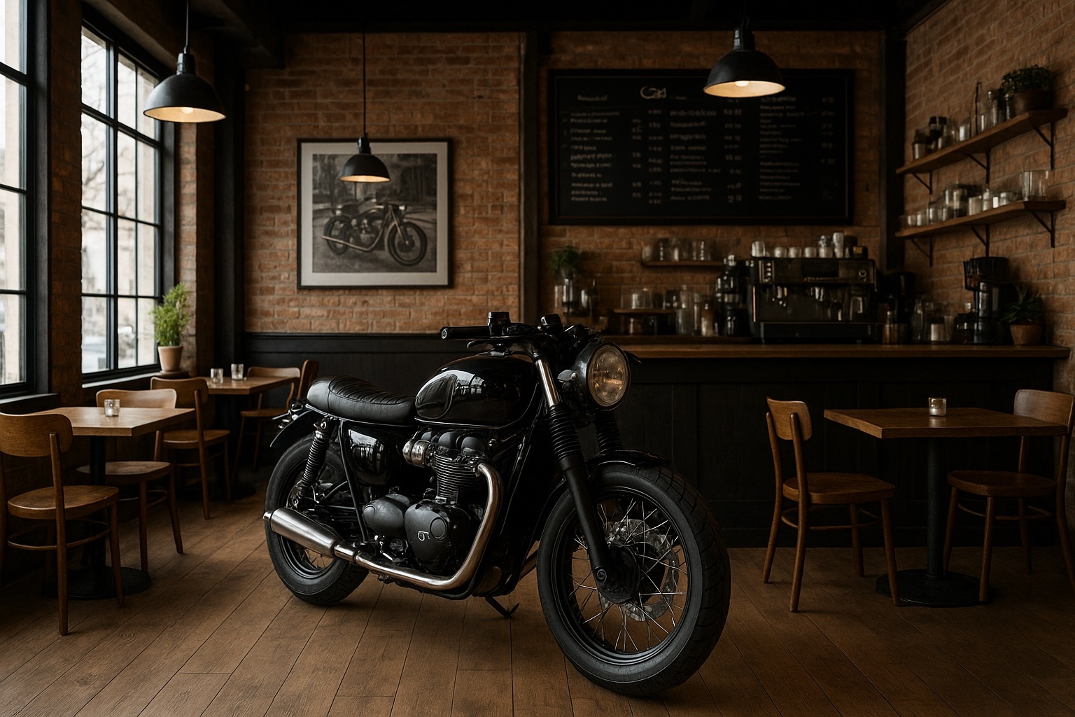 A classic motorcycle parked inside a cosy biker café with brick walls, wooden tables and a coffee counter