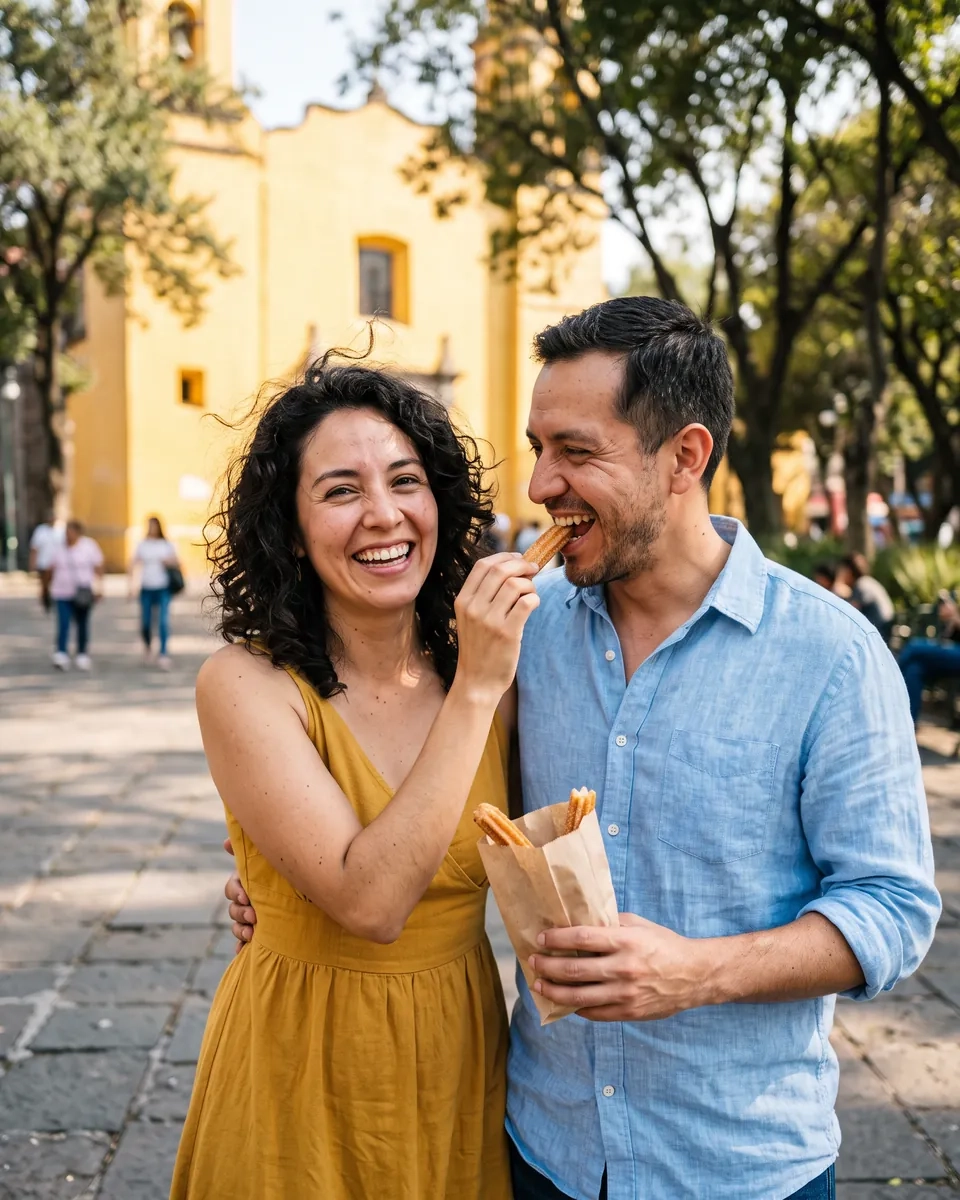 Una pareja comparte un churro y se ríe en una plaza de Coyoacán, ella con vestido amarillo y él con camisa azul, frente a una iglesia color ocre (imagen generada por IA)