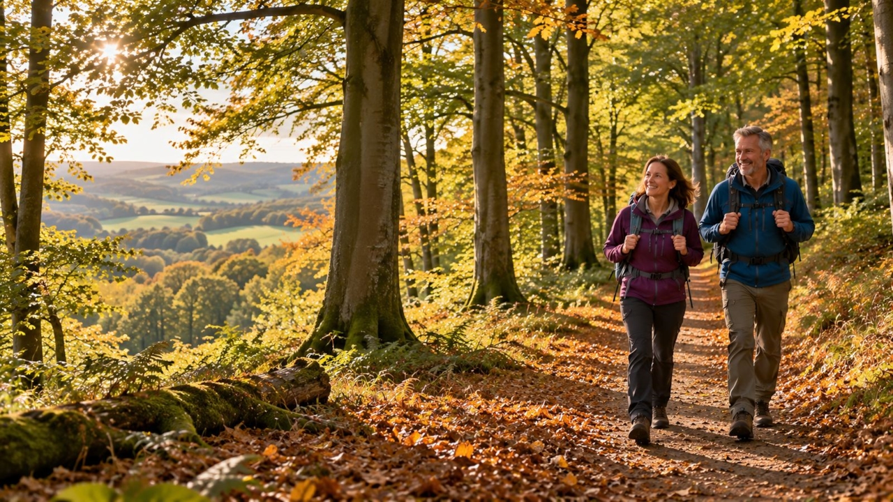 Two walkers on a footpath in the Chilterns