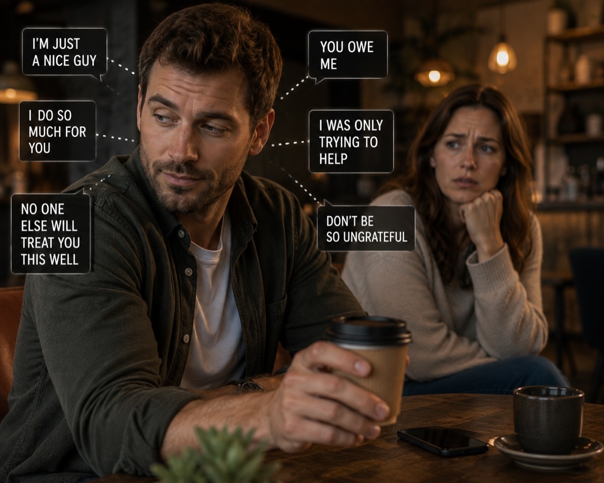 A man looks away thoughtfully while several speech bubbles around him show guilt-tripping phrases, with a concerned woman sitting behind him