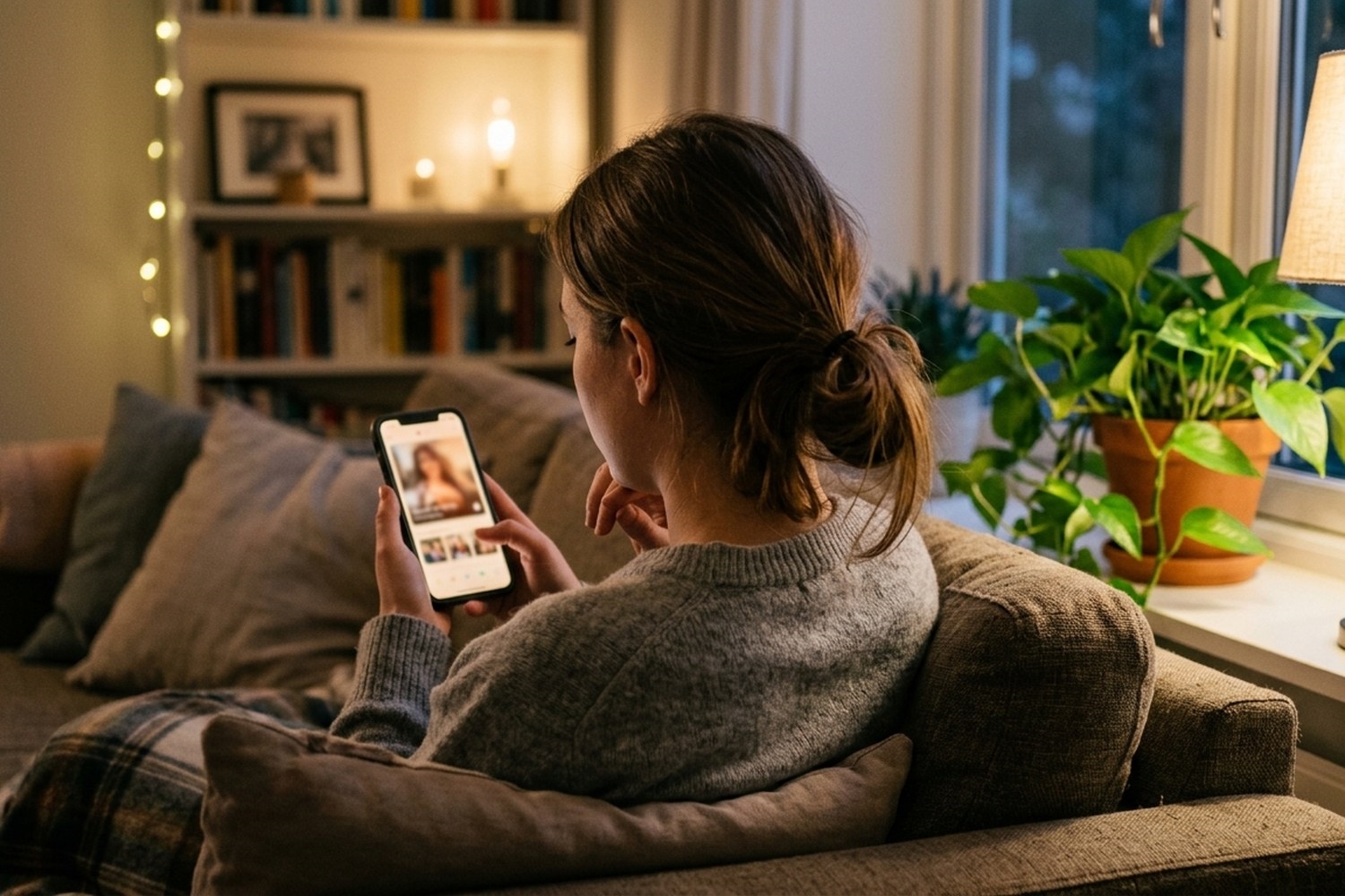 Person browsing a dating app on their phone in a warmly lit living room