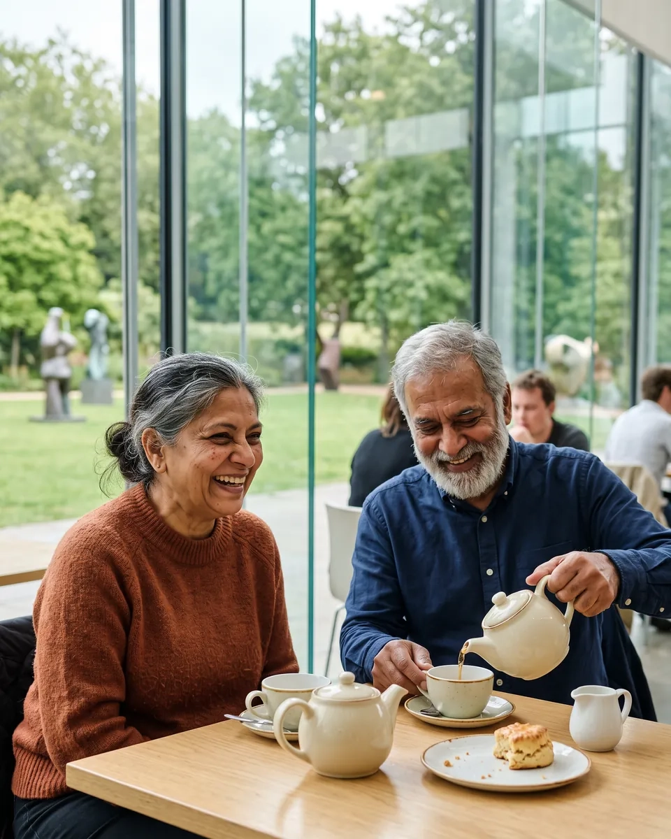 A woman in her mid sixties with grey streaked hair in a bun and a rust jumper and a man in his late sixties with a grey beard share a pot of tea and laugh at a window table in a glass gallery cafe overlooking a park (AI-generated image)