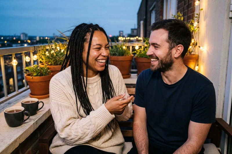 A woman with long dark braids in a cream jumper and a bearded man in a dark T-shirt sit facing each other on a balcony at dusk, talking openly over mugs of tea (AI-generated image)