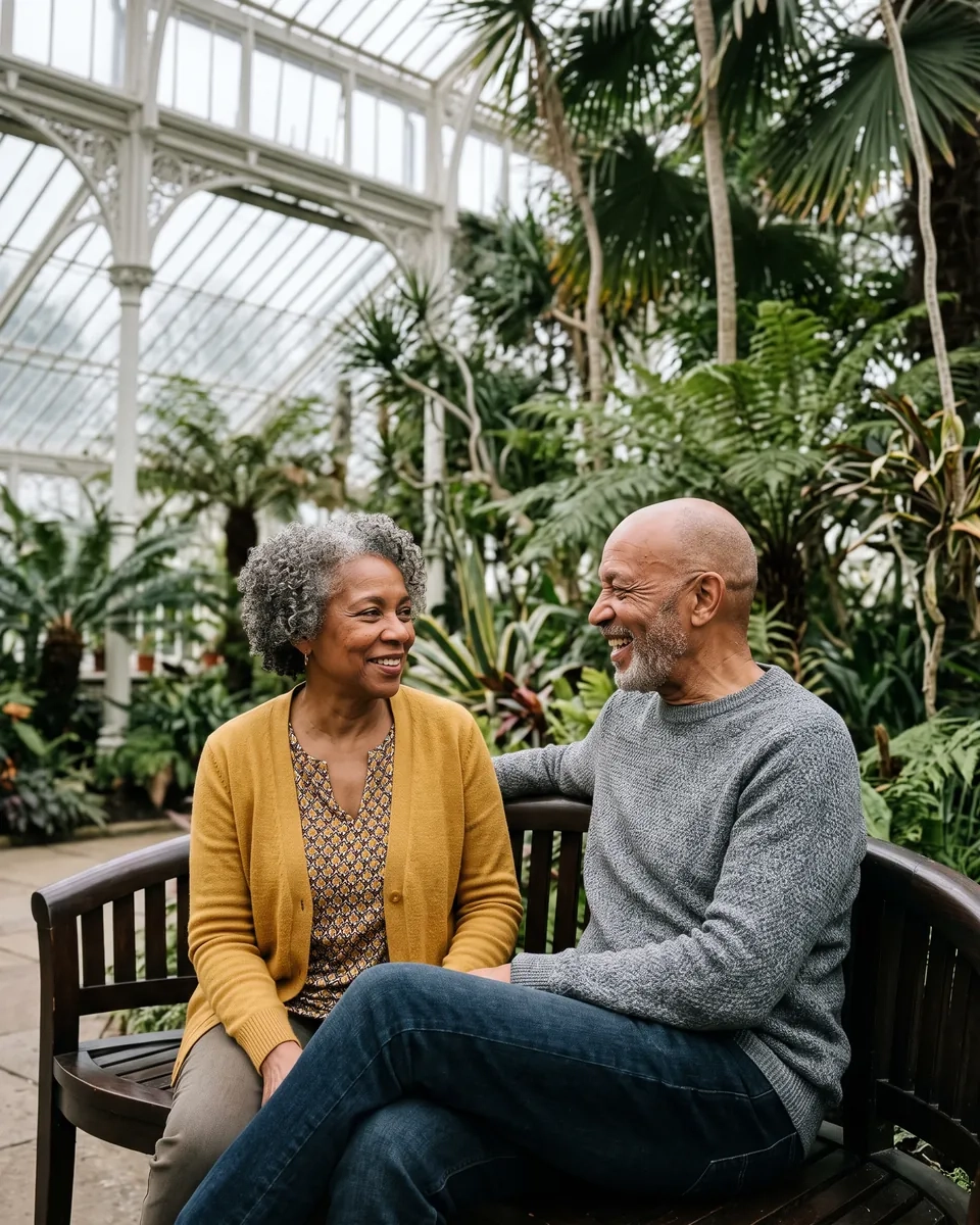 A woman in her early sixties with grey curls and a mustard cardigan and a man in his mid sixties in a grey jumper smile at each other on a bench among palms in a Victorian glasshouse (AI-generated image)