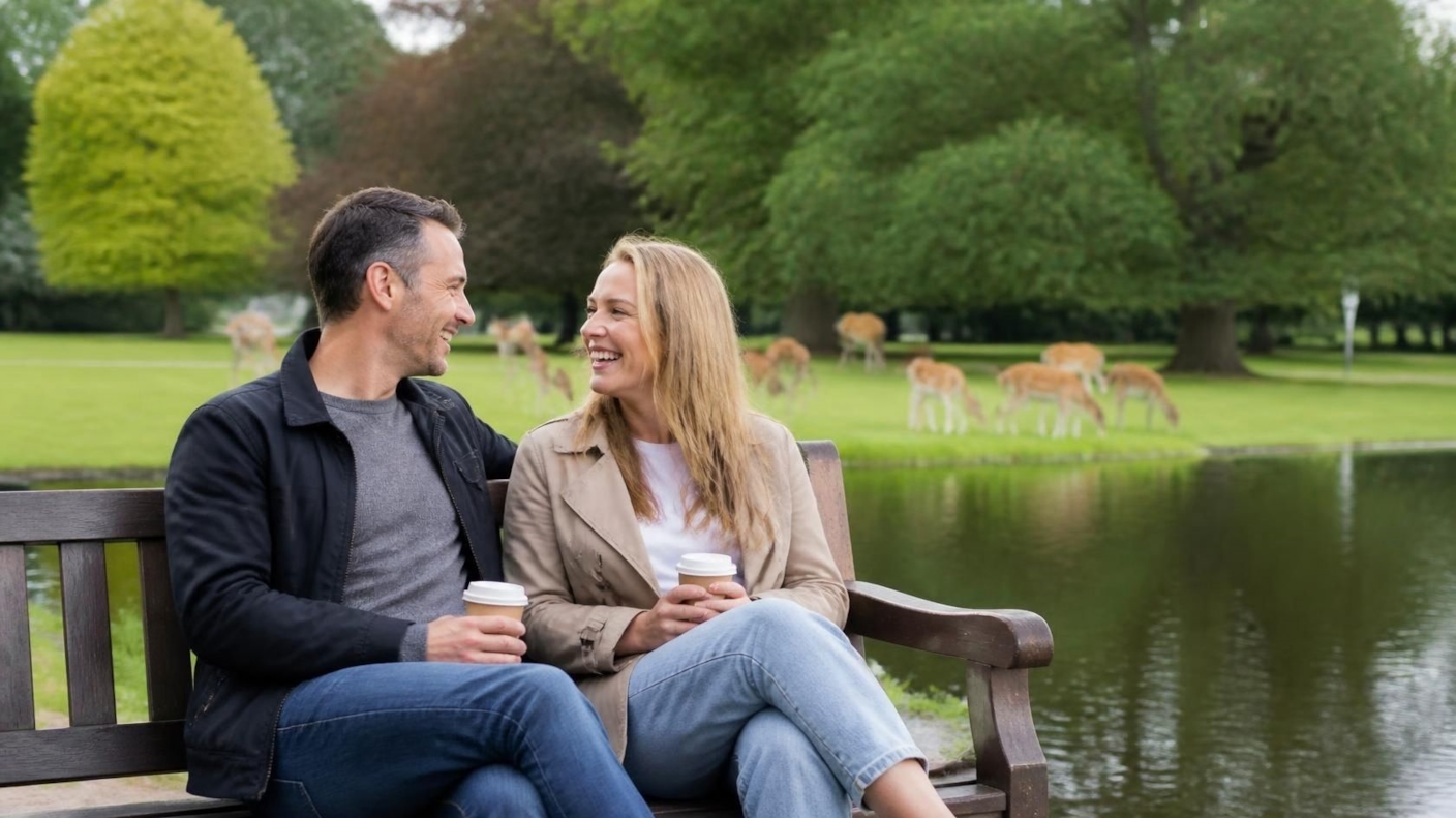 A couple laughing over takeaway coffees on a bench beside a pond in a park with deer behind them