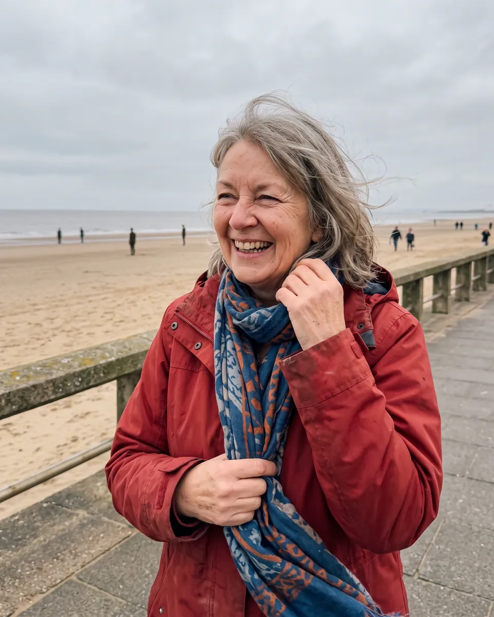 A woman in her mid sixties with windswept grey hair and a red raincoat laughs on a seaside promenade beside a wide sandy beach under a pale sky (AI-generated image)