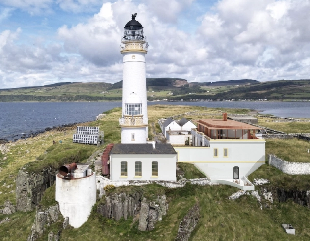 Pladda lighthouse and its keepers’ buildings seen from above