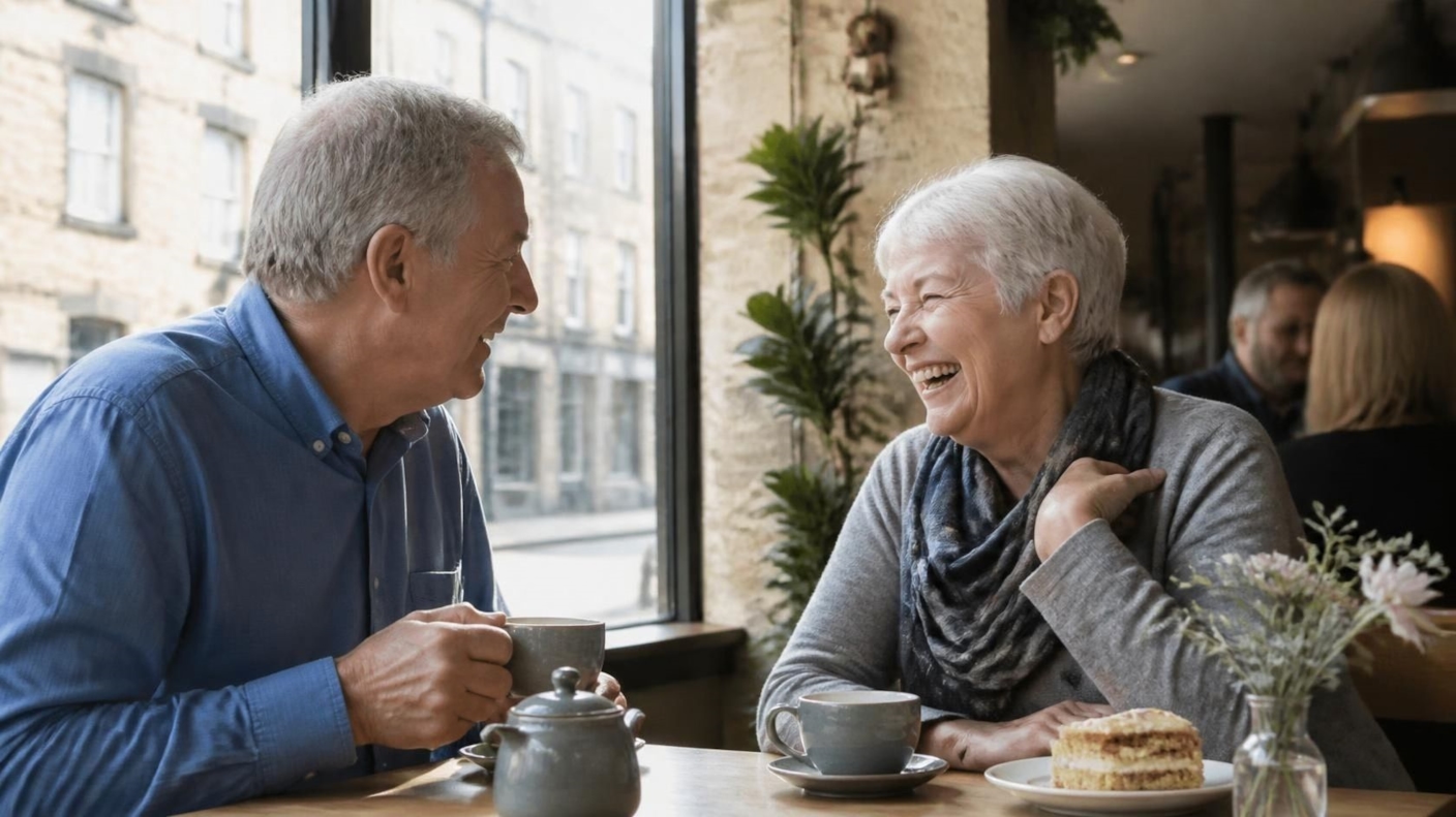 An older couple laughing over tea and cake at a café