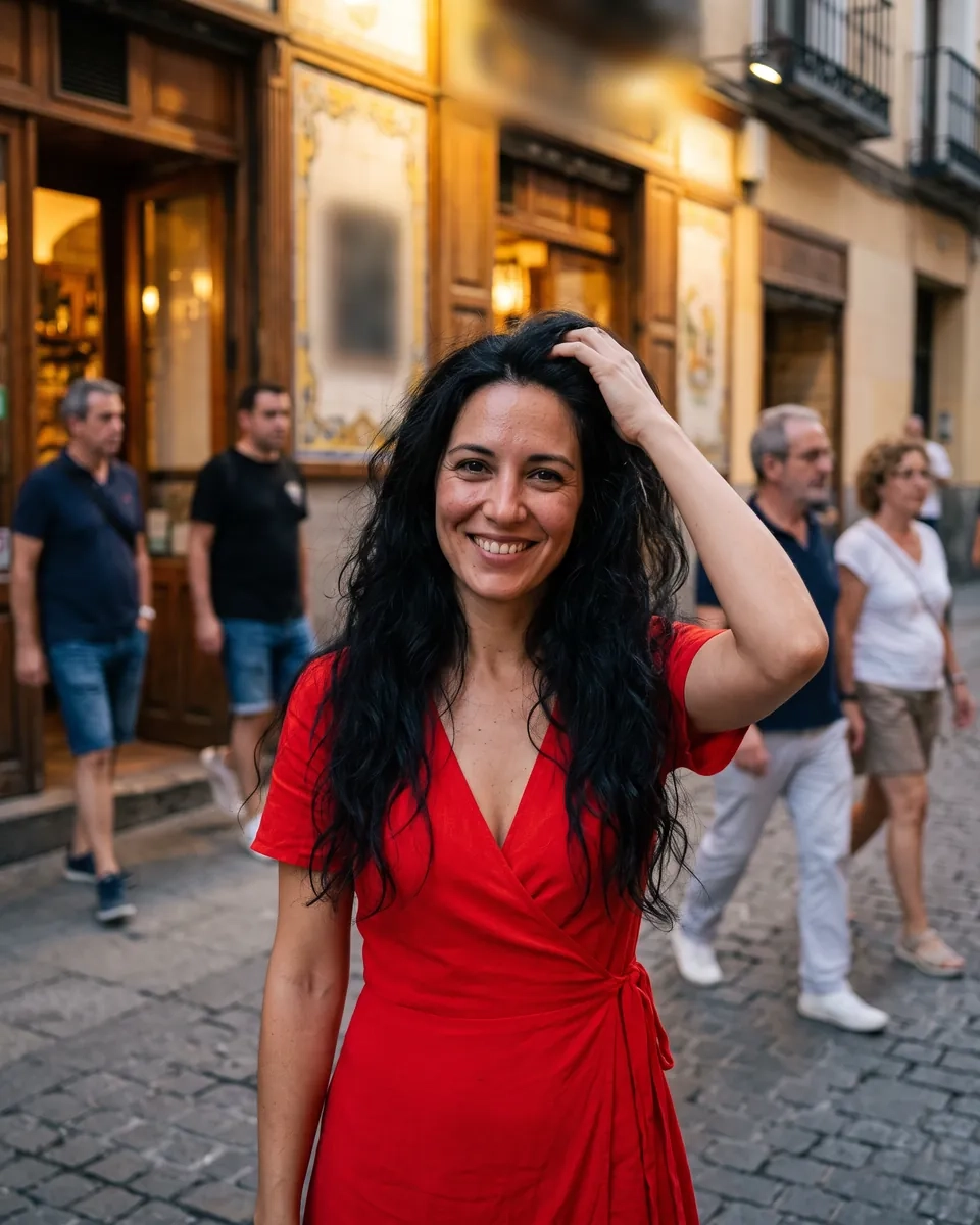 Una mujer de pelo largo negro y vestido rojo cruzado sonríe en la Cava Baja de La Latina al anochecer, con fachadas de tabernas antiguas detrás (imagen generada por IA)