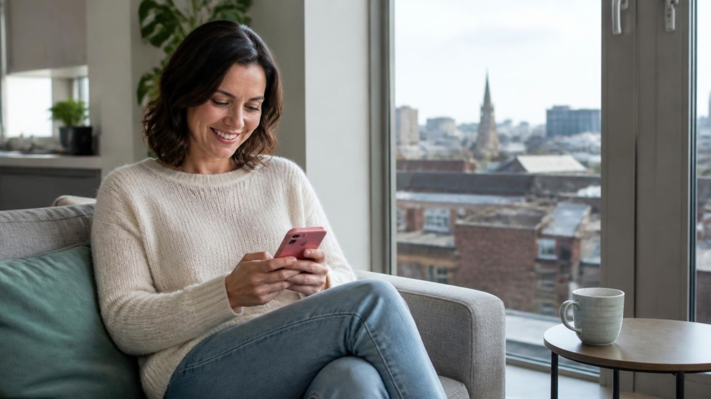A woman smiling at her phone on a sofa beside a window overlooking city rooftops