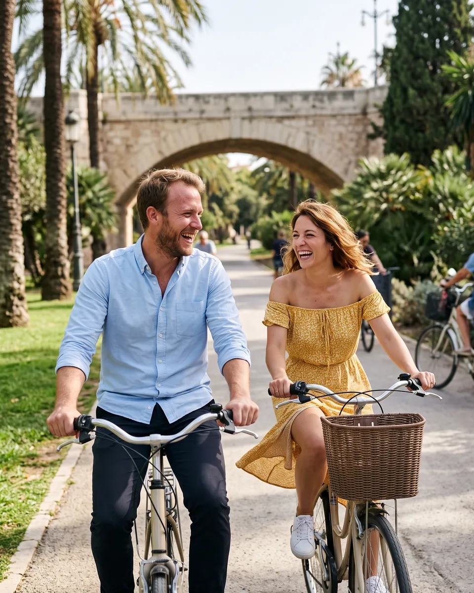 Un hombre y una mujer pasean en bicicleta entre palmeras por el Jardín del Turia en Valencia, con un puente de piedra al fondo (imagen generada por IA)