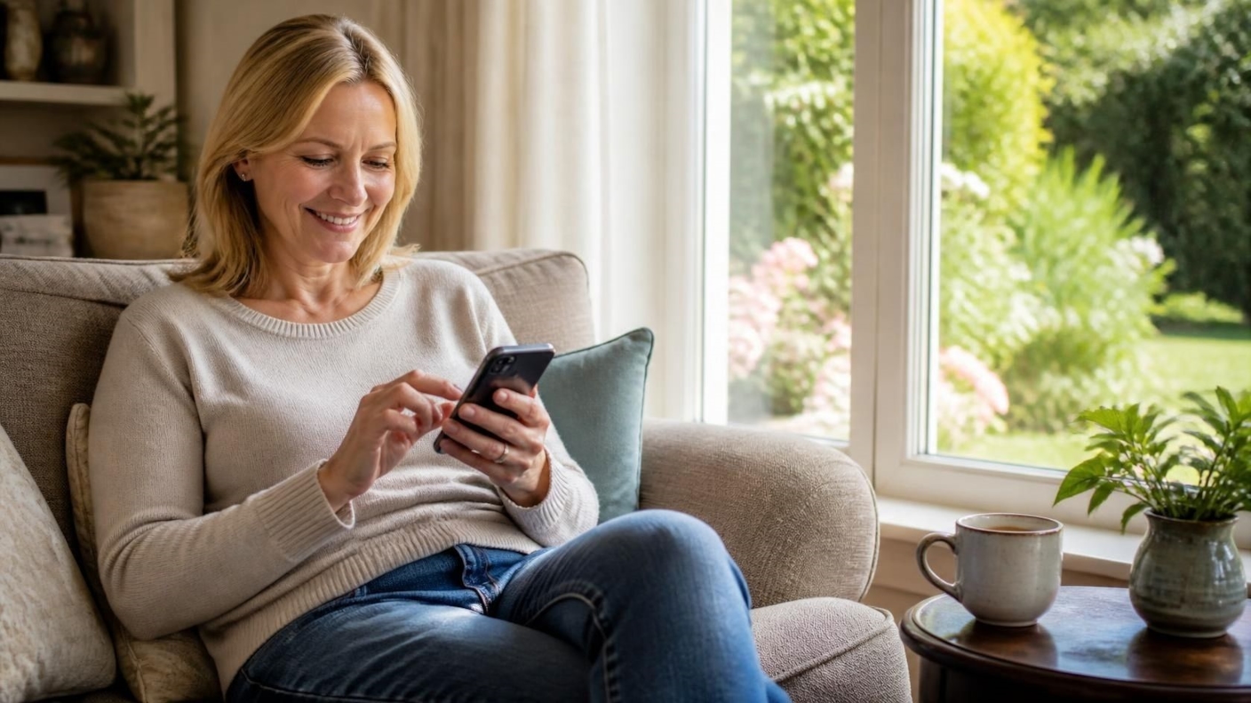 A woman smiling as she types on her phone by a sunny window