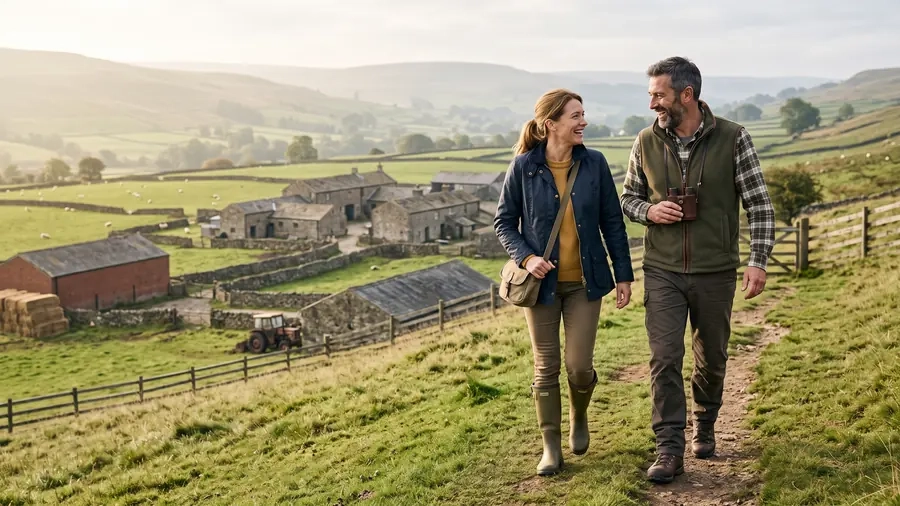 A couple walking a hill path through open countryside at golden hour