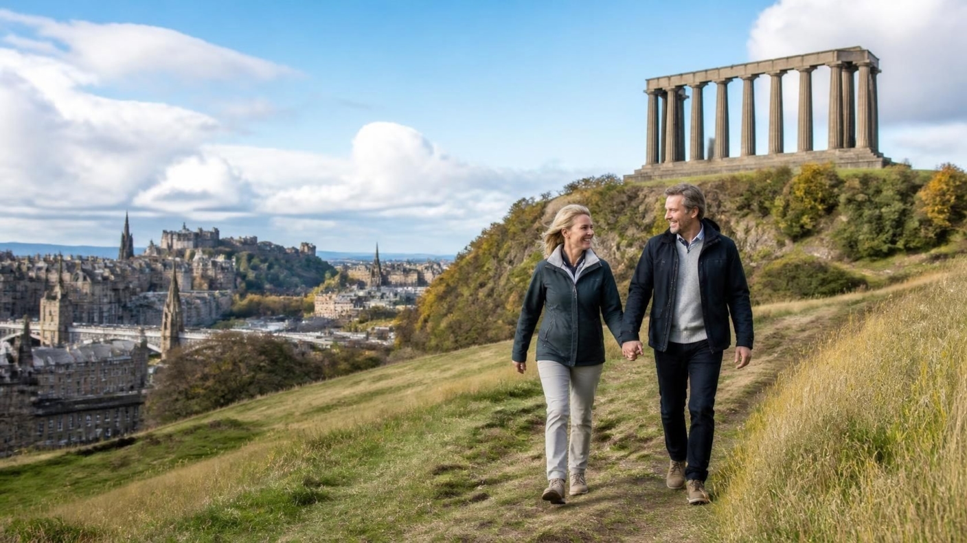 A couple walking hand in hand on a grassy hilltop with a columned monument and the city skyline behind them