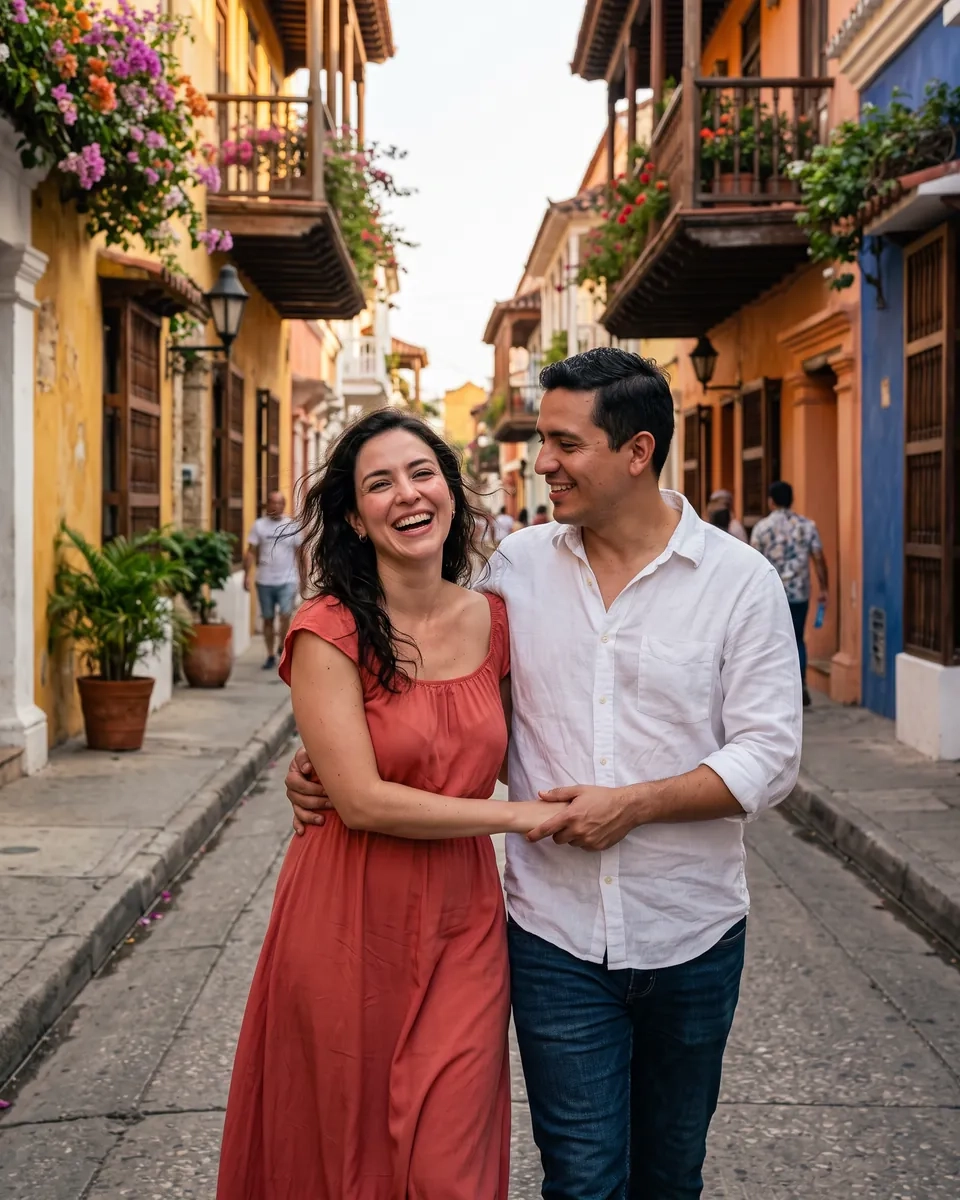 Una pareja se abraza y ríe en una calle estrecha de Cartagena con casas amarillas y naranjas y balcones de madera cubiertos de flores (imagen generada por IA)