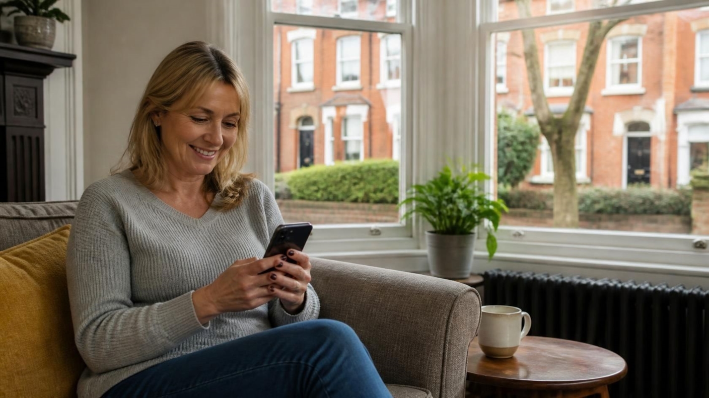 A woman smiling at her phone on a sofa in a bright room with a bay window