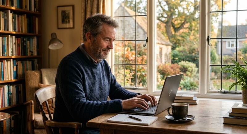 A middle-aged man sitting at a desk near a window, thoughtfully writing a dating profile on his laptop