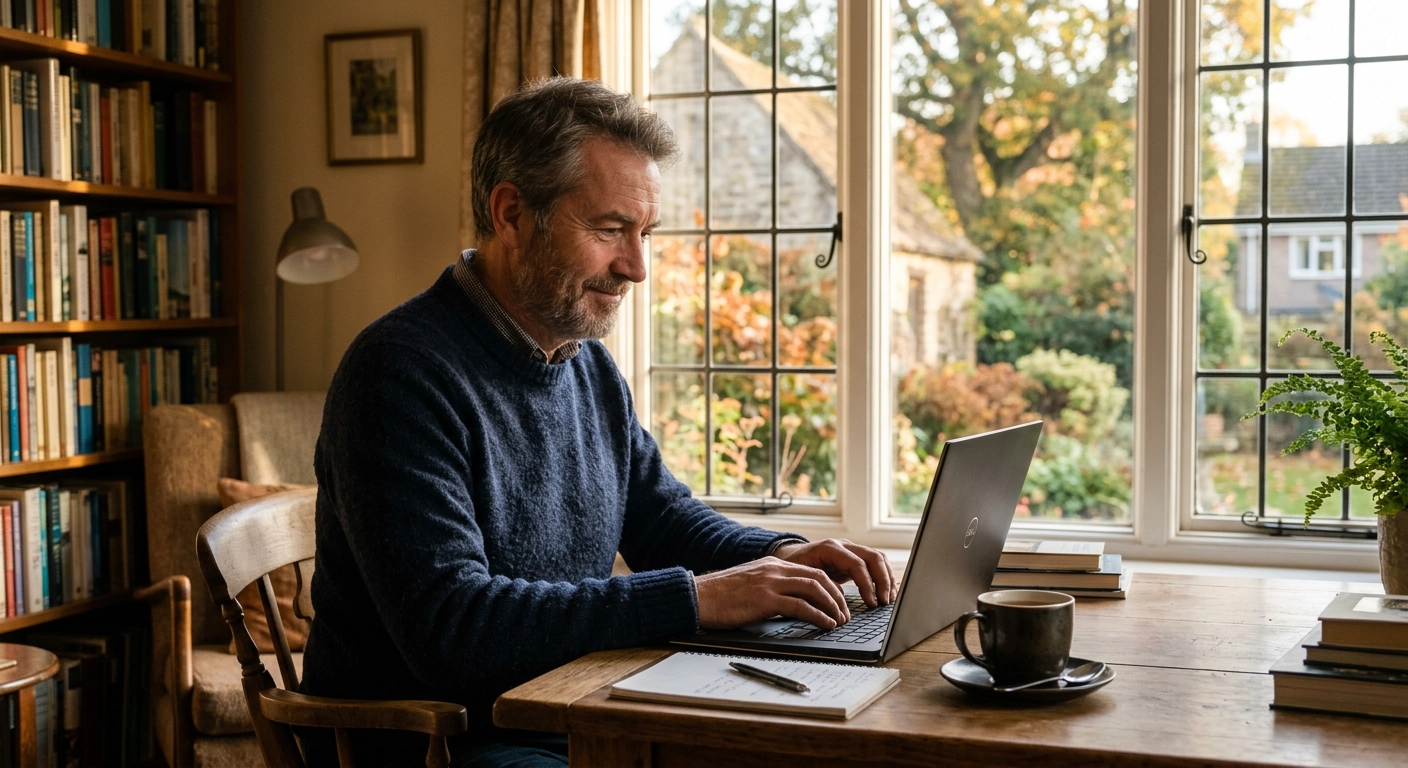 A man in his fifties smiling at a laptop at a table by a sunny window, a coffee cup beside him
