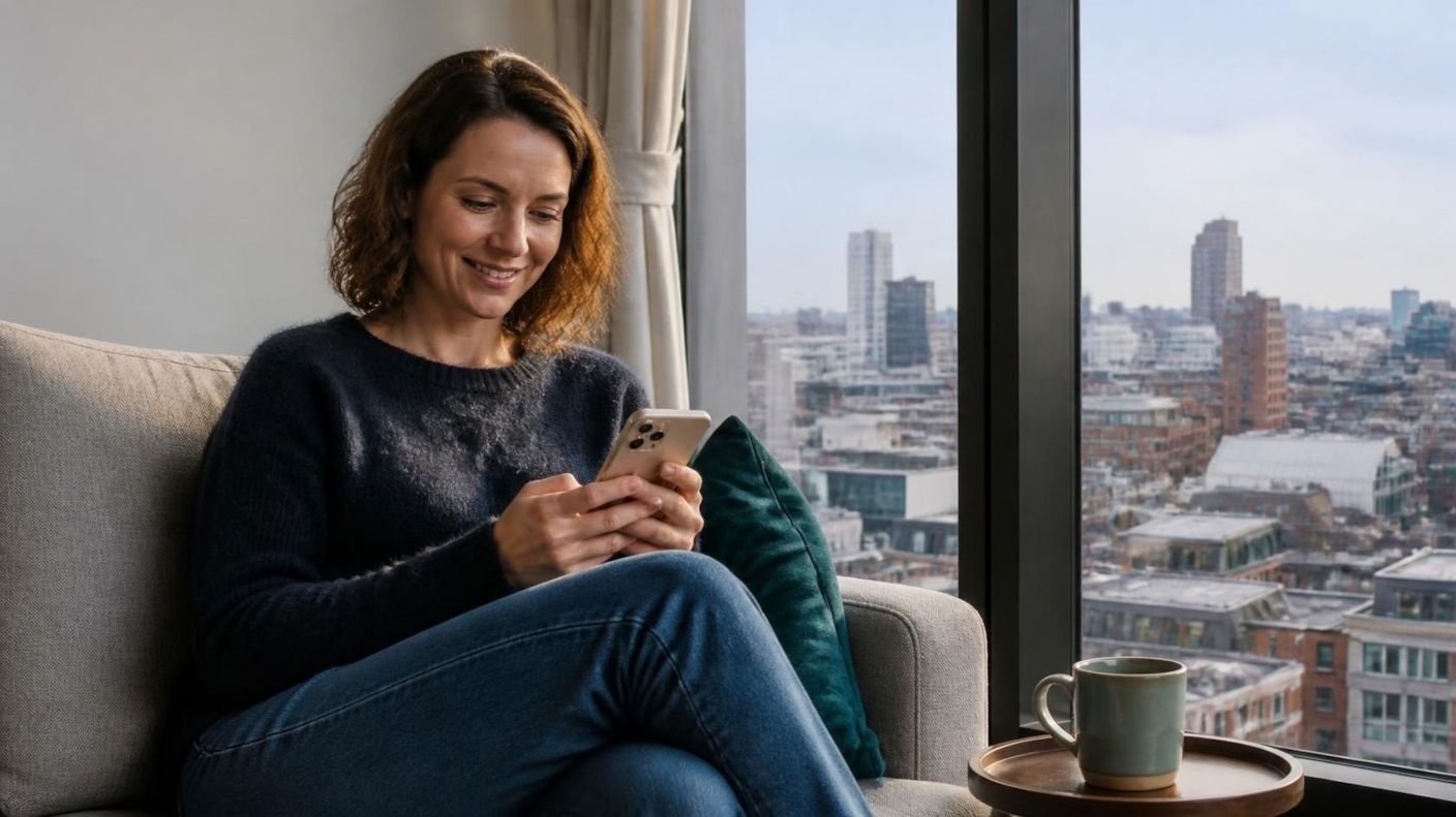 A woman sitting on a sofa smiling at her phone, with city rooftops through the window