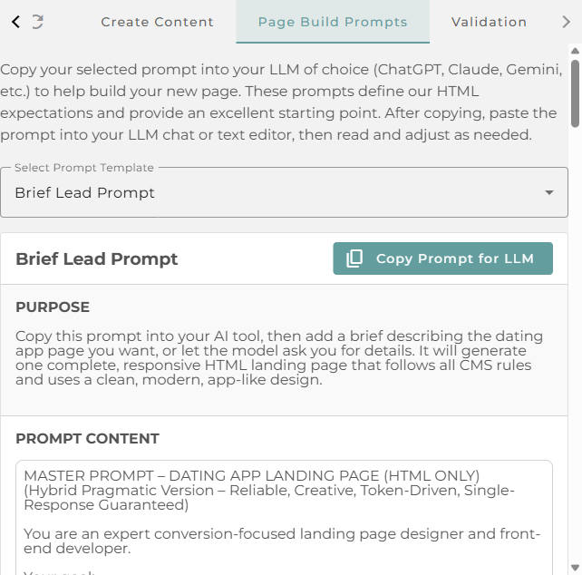 The Page Build Prompts tab showing a prompt template selector, a Copy Prompt for LLM button, and the prompt's purpose and content.