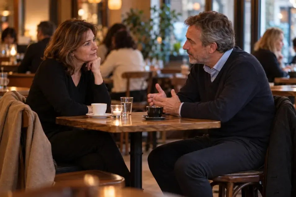 Citas discretas: dos personas adultas conversando en una mesa apartada de una cafetería con luz cálida
