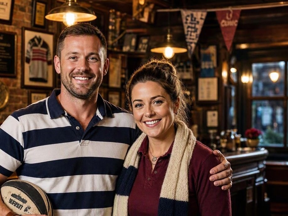 Smiling rugby couple in a clubhouse bar, he holding a ball, she wearing a striped scarf