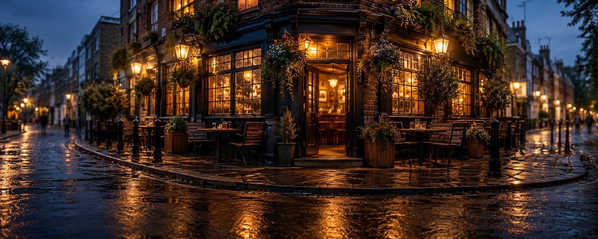 A corner pub with lit windows, hanging flower baskets and outdoor tables on a wet street at dusk