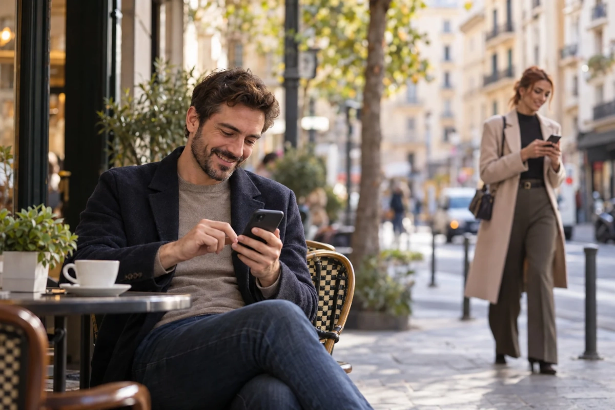 Hombre en una terraza respondiendo con una sonrisa a un mensaje en el móvil