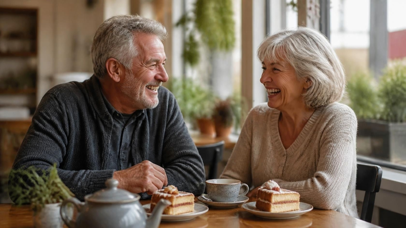 An older couple laughing over tea and cake in a bright café