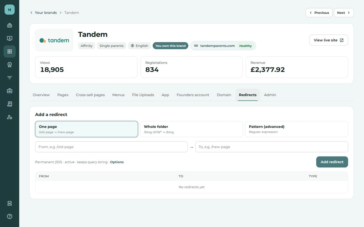 The Redirects tab.