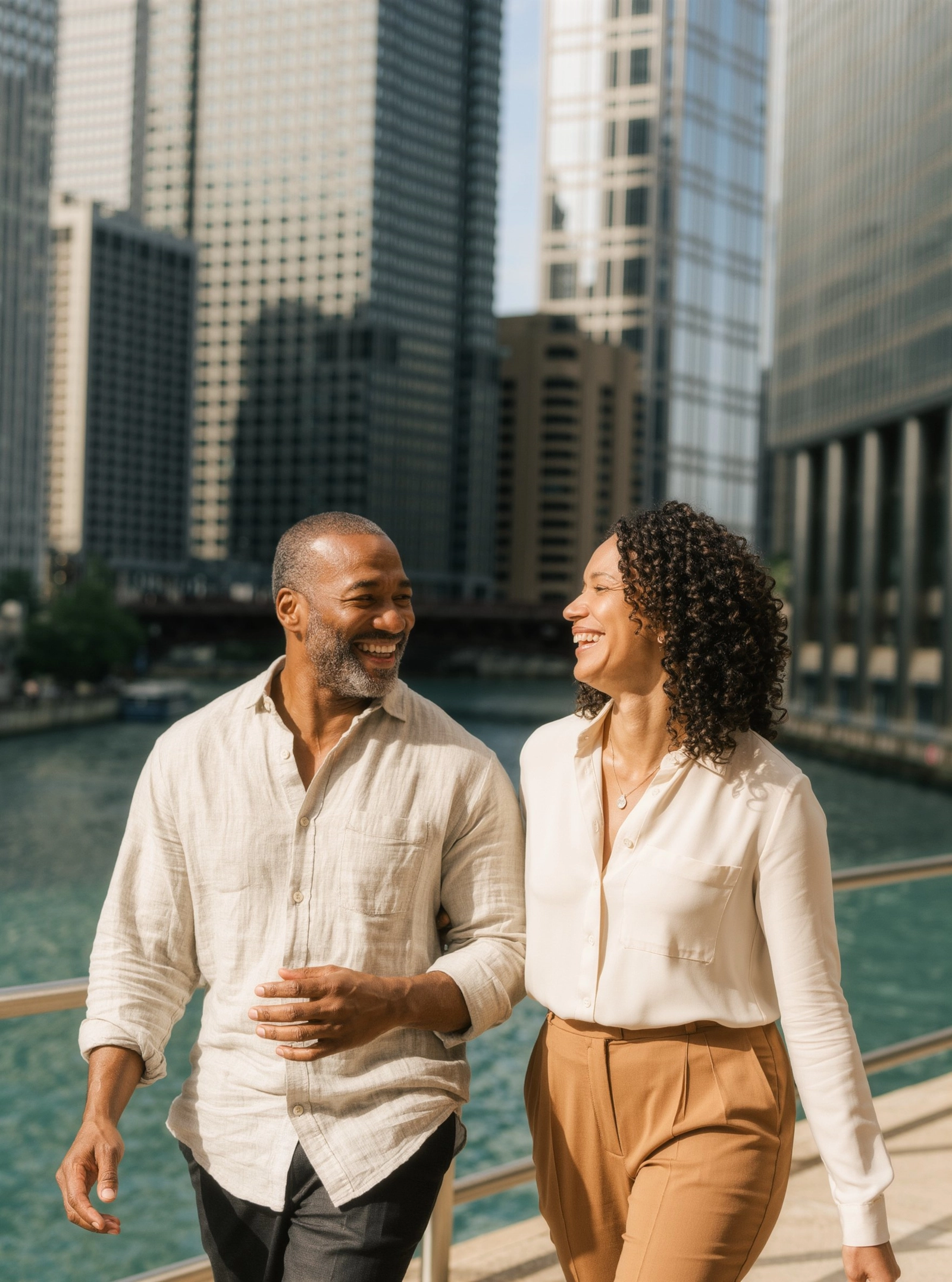 A smiling couple in their fifties walking side by side along a city riverwalk with tall buildings behind them