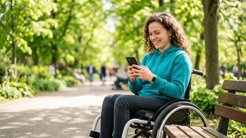 Person with a disability smiling confidently while using their phone at a park