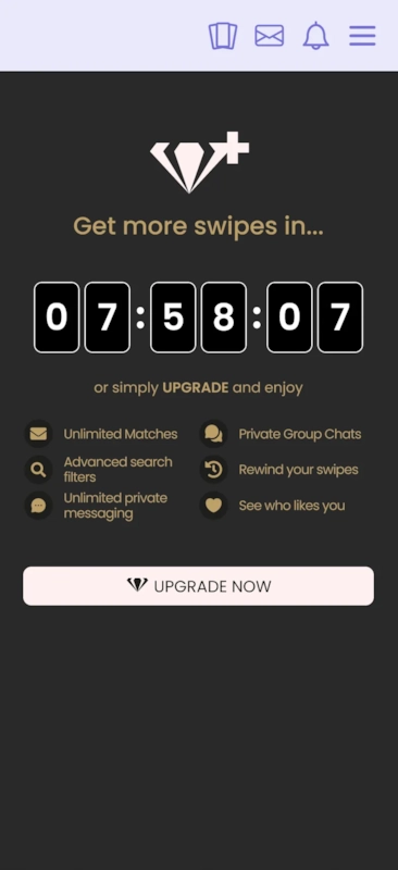 The like limit a free member sees on hitting the daily cap, with a countdown to reset.