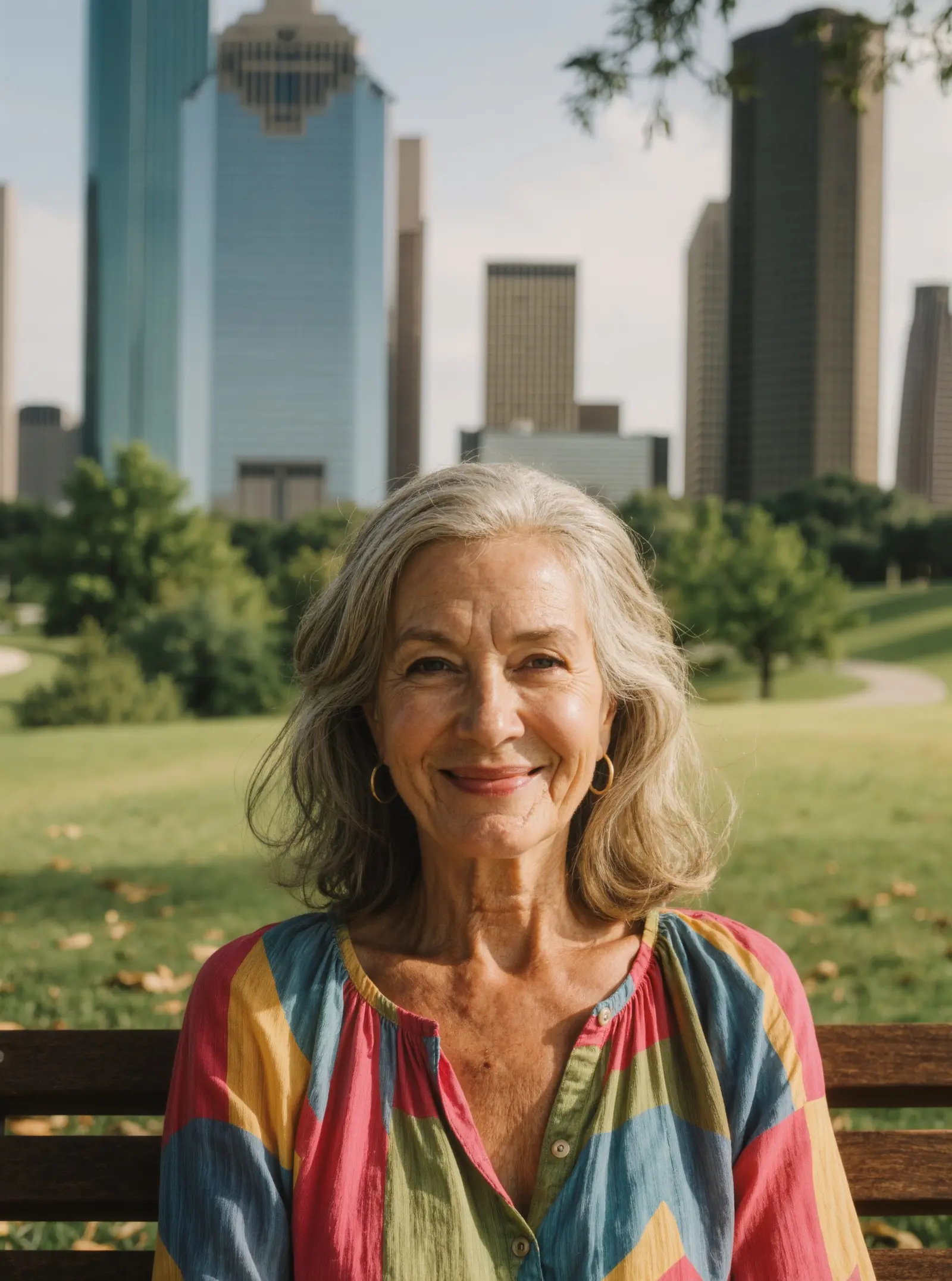 A smiling woman in her late 50s with silver hair and a colourful blouse sitting in a green park with Houston high-rises behind her