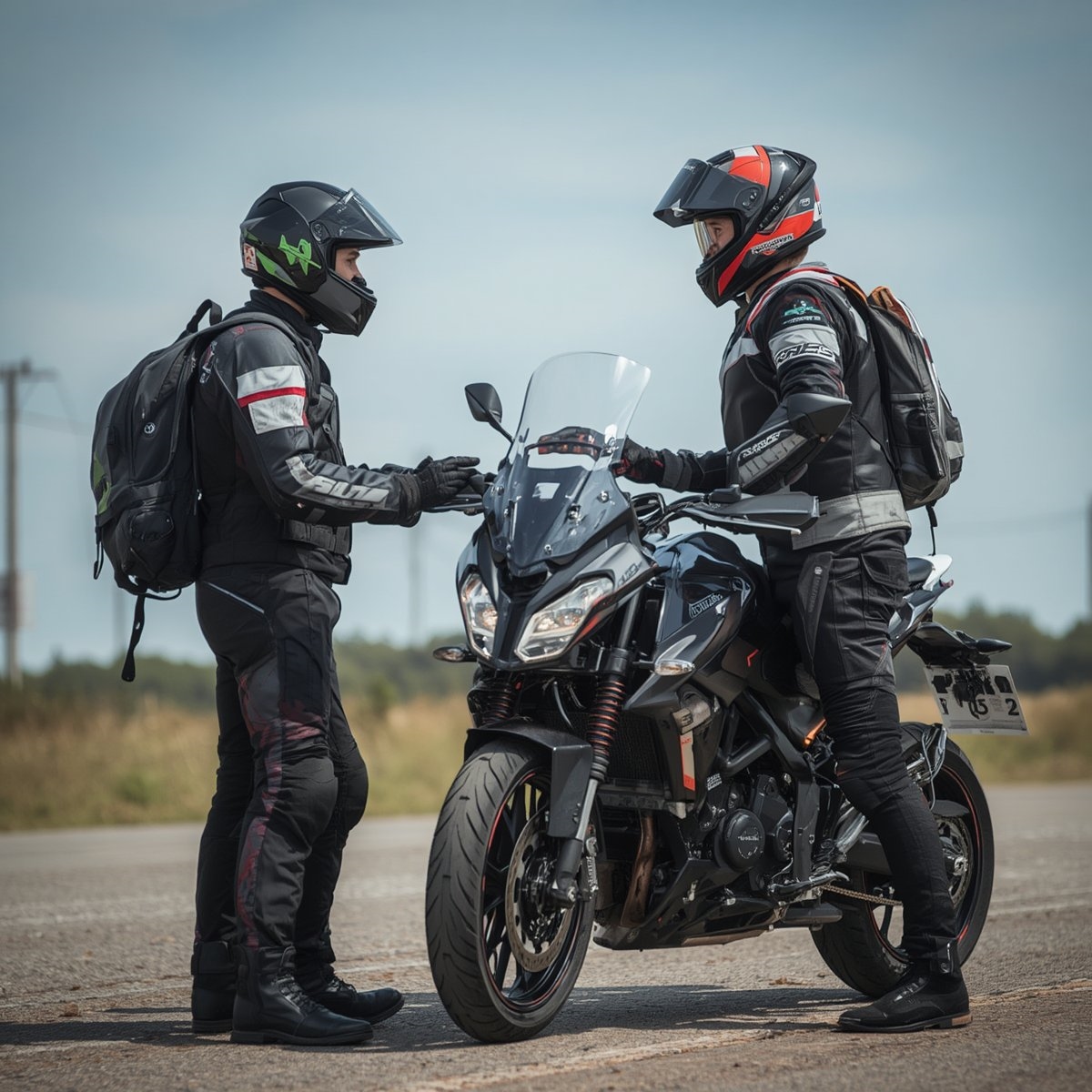Two riders in full protective gear standing either side of an adventure motorcycle, briefing each other before a ride