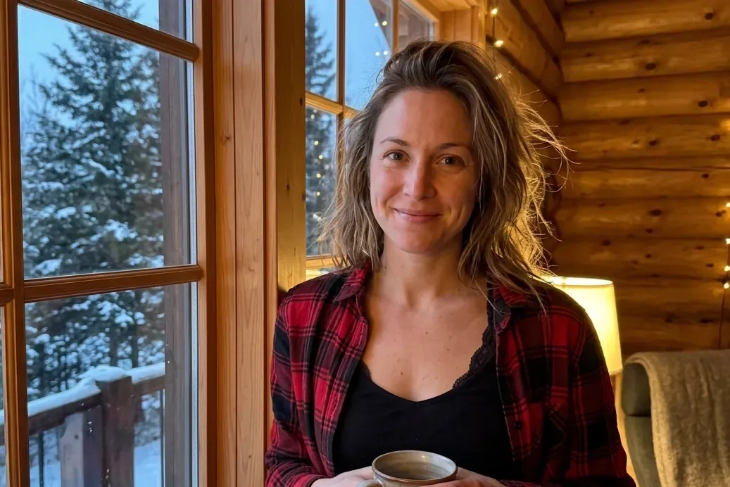 A woman in an open red plaid flannel shirt over a black lace top smiles by the window of a snowy Canadian cabin, holding a mug (AI-generated image)